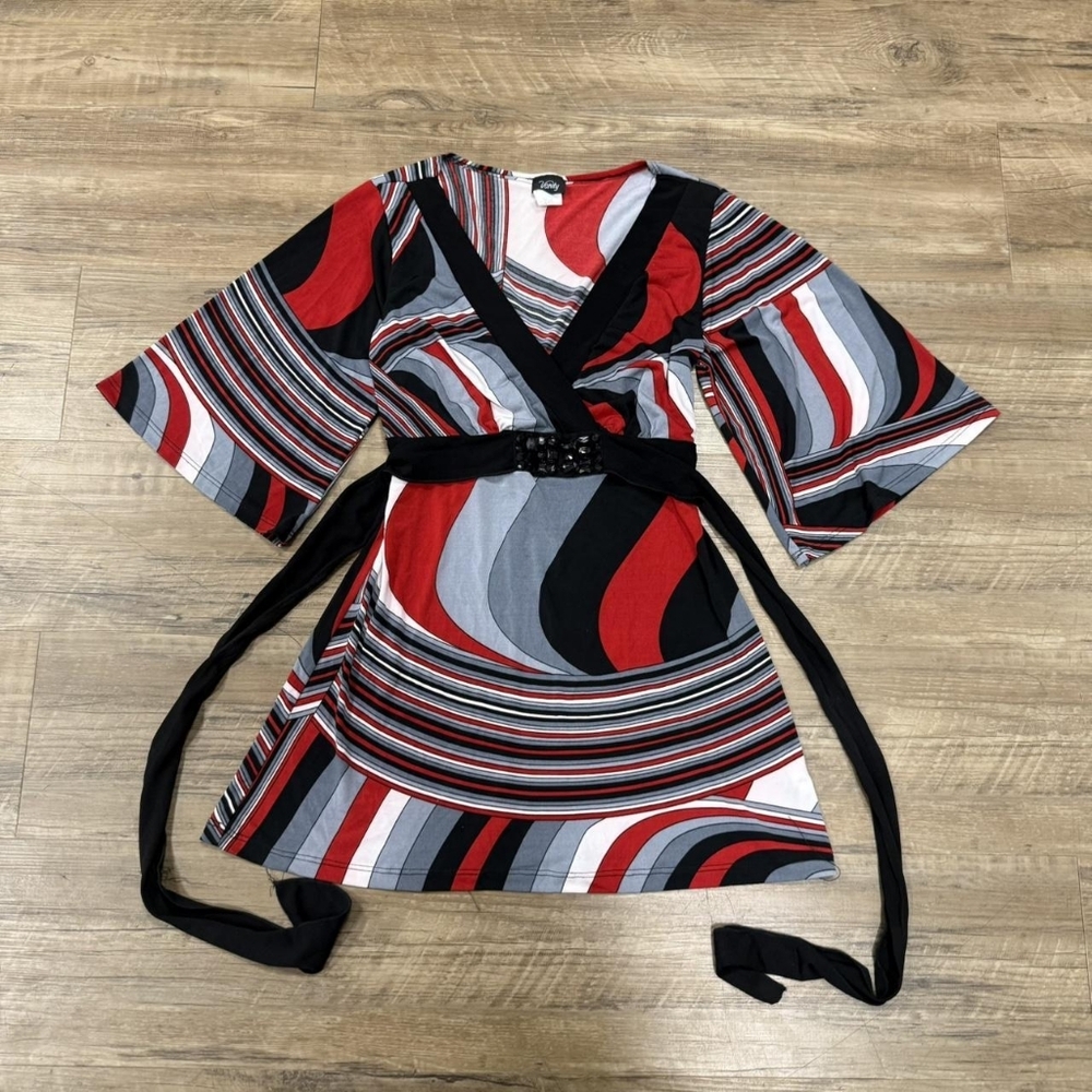 bebe Red, Black & Gray Striped Wrap-Style Long Sleeve Dress Top